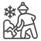 Worker cleans snow on street line icon, Winter season concept, Sweeper with shovel sign on white background, snow