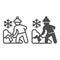 Worker cleans snow on street line and solid icon, Winter season concept, Sweeper with shovel sign on white background