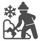 Worker cleans snow on street solid icon, Winter season concept, Sweeper with shovel sign on white background, snow