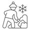 Worker cleans snow on street thin line icon, Winter season concept, Sweeper with shovel sign on white background, snow