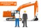 Worker concept. Detailed illustration of excavator, worker, engineer in flat style on white background. Heavy