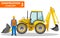 Worker concept. Detailed illustration of workman and backhoe loader in flat style on white background.