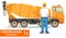 Worker concept. Detailed illustration of workman, builder, driver and concrete mixer in flat style on white background. Heavy cons