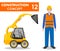 Worker concept. Detailed illustration of workman, builder, driver and skid steer loader in flat style on white background. Heavy c