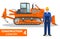 Worker concept. Detailed illustration of workman and dozer in flat style on white background. Heavy construction machine