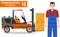 Worker concept. Detailed illustration of workman, driver, builder and forklift in flat style on white background. Heavy