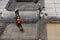 Worker in the construction site making reinforcement metal framework for concrete pouring