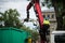 Worker with a crane on truck removing tree branches after cutting at the urban park in the street