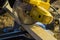 A worker cuts a board with a miter saw