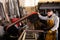 Worker cuts metal profile pipe on a band saw