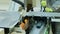 Worker cuts a sheet of plywood on a circular saw. Manufacture of wooden furniture