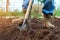A worker digs the ground on a garden plot, a close-up of a shovel of a man`s feet