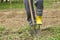 Worker digs soil with shovel in the vegetable garden