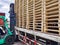 Worker driving forklift to loading and unloading wooden pallets from truck to warehouse cargo storage, shipment in logistics