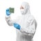 Worker or engineer wears medical protective suit or coverall suit with chipset