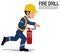 A worker  with the extinguisher is running on transparent background