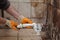 Worker fixing old pipeline in a bathroom