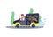 Worker of food delivery service driving truck and waving hand. Courier in working uniform. Flat vector design