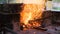 worker in forge tosses coal into furnace to heat iron. blacksmith in white cotton shirt and apron with fireproof gloves