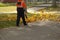 A worker in the form of a utility worker with a special blower sweeps away the yellow leaves from the sidewalks