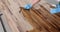 Worker in gloves polishes with varnish wooden floor surface