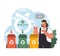 Worker guiding waste segregation. Flat vector illustration