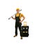 Worker handyman repairman or builder with construction spirit level and tool-box