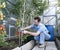 A worker harvests of red ripe tomatoes in a greenhouse