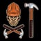 Worker head with bristle in hard hat and claw hammer set of vector objects or design elements in colorful cartoon style