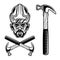 Worker head with bristle in hard hat and claw hammer set of vector objects or design elements in vintage monochrome