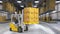 A worker in a huge distribution warehouse with high shelves