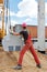 Worker installing concrete slab