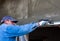 Worker installing external insulation Facade therm