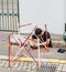 Worker installing fiber optic with fiber optic welding machine n