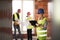 Worker, investor, inspector or architect with tablet. construction site engineers on site