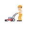 Worker with a lawn mower. Gardener, vector illustration