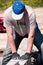 Worker laying bricks