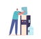 Worker Male Character Wear Blue Uniform and Cap Installing Water Balloon On Cooler at Home or Office Vector Illustration