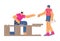 Worker man with screwdriver assembling or dismantling furniture cupboard, woman gives screw flat vector illustration