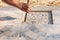 Worker man used chisel extract cement repair tile