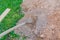 Worker mixing concrete and gravel with spade on construction cite