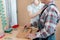 Worker in occupational therapy re-learning to lay bricks