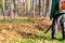 Worker operating heavy duty leaf blower in city park. Removing fallen leaves in autumn. Leaves swirling up. Foliage