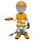 Worker in orange overalls holding empty palm up