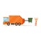 Worker in orange uniform loading recycle bin into garbage collector truck