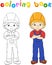 Worker in overalls and helmet. Coloring book. Game for children