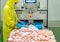 Worker paste chicken meat on conveyor belt