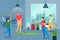 Worker people play golf at office, vector illustration. Fun active game indoor at brak time, recreation. Woman man