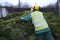 Worker piling used Christmas trees up for recycling , collection point