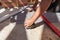 Worker prepare to cut the vapor barrier water resistant / vapor permeable / roof foil.